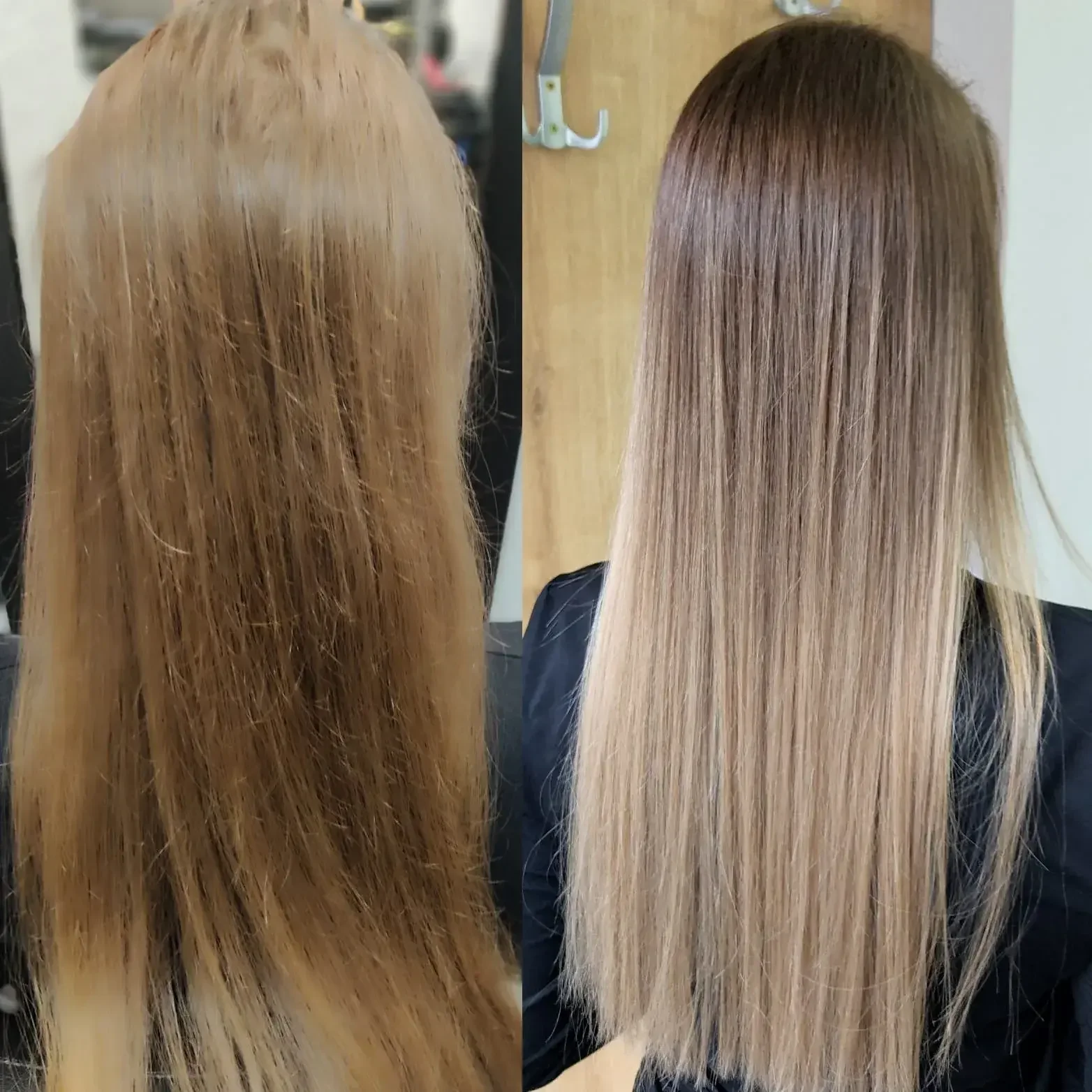 Transformación — castaño largo antes, gris ceniza corto después